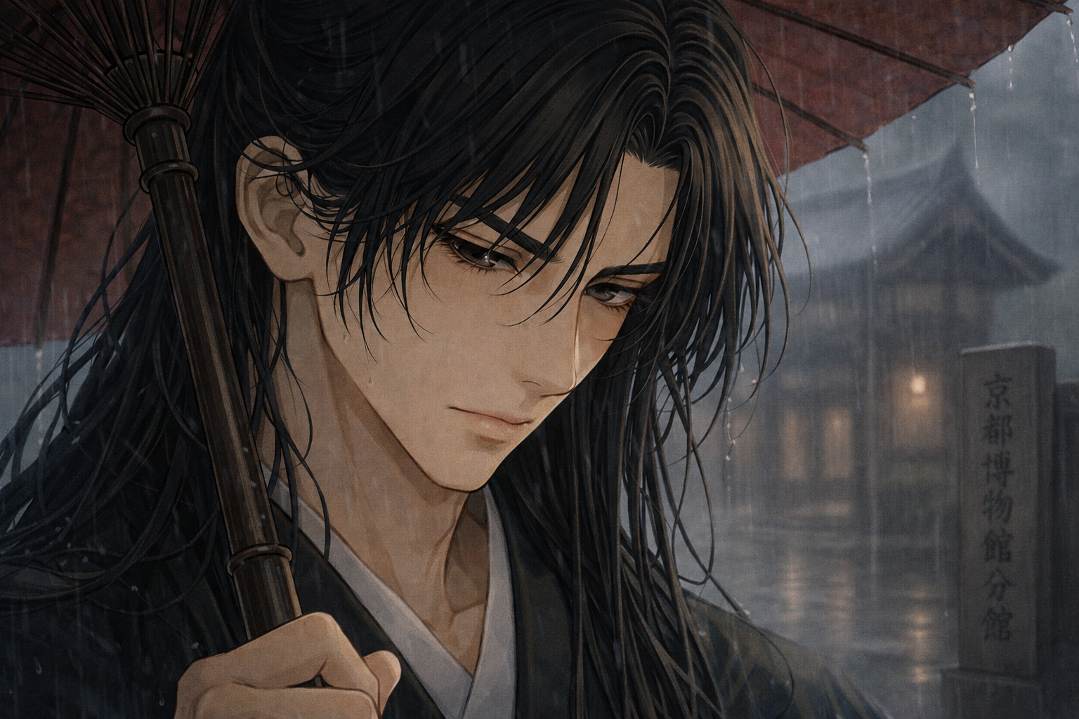 『理玄異聞録』第四話、雨の中で番傘を差す志岐理一郎