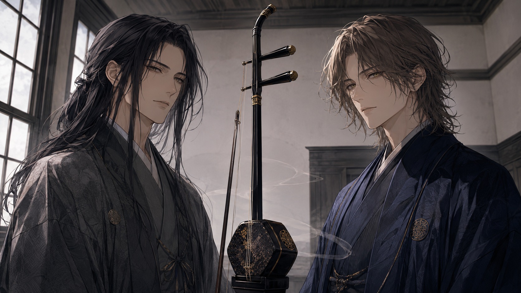 『理玄異聞録』第五話、二胡を挟んで立つ志岐理一郎と久遠異紀