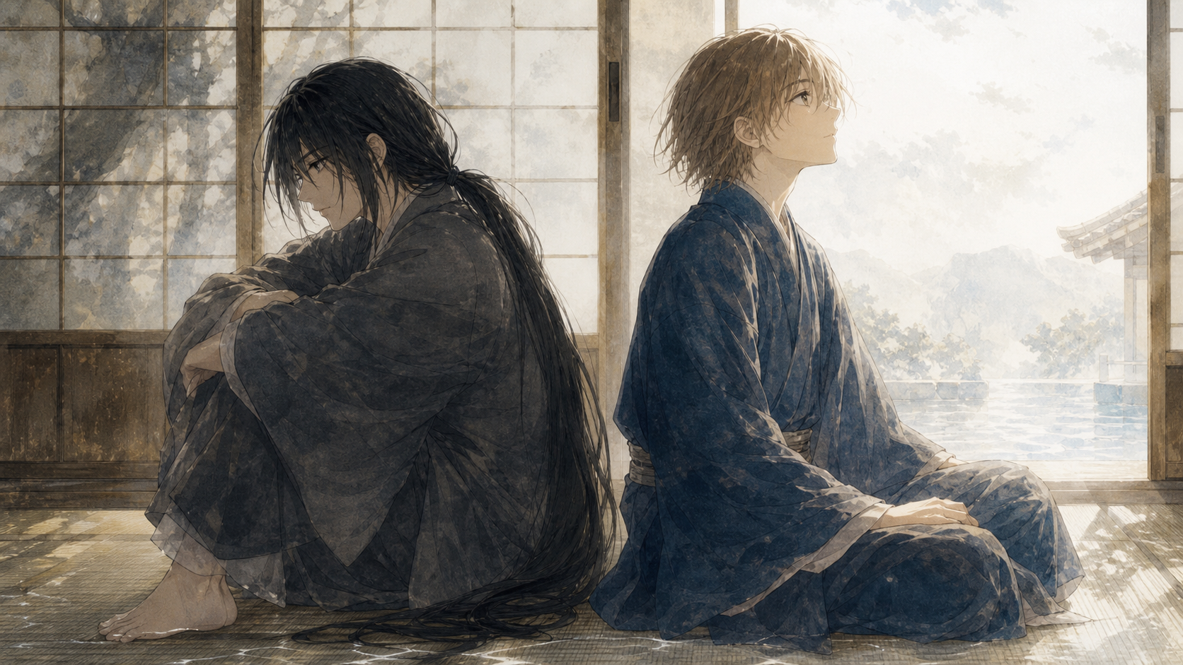 『理玄異聞録』第六話、明るい部屋で背を向けて座る志岐理一郎と久遠異紀