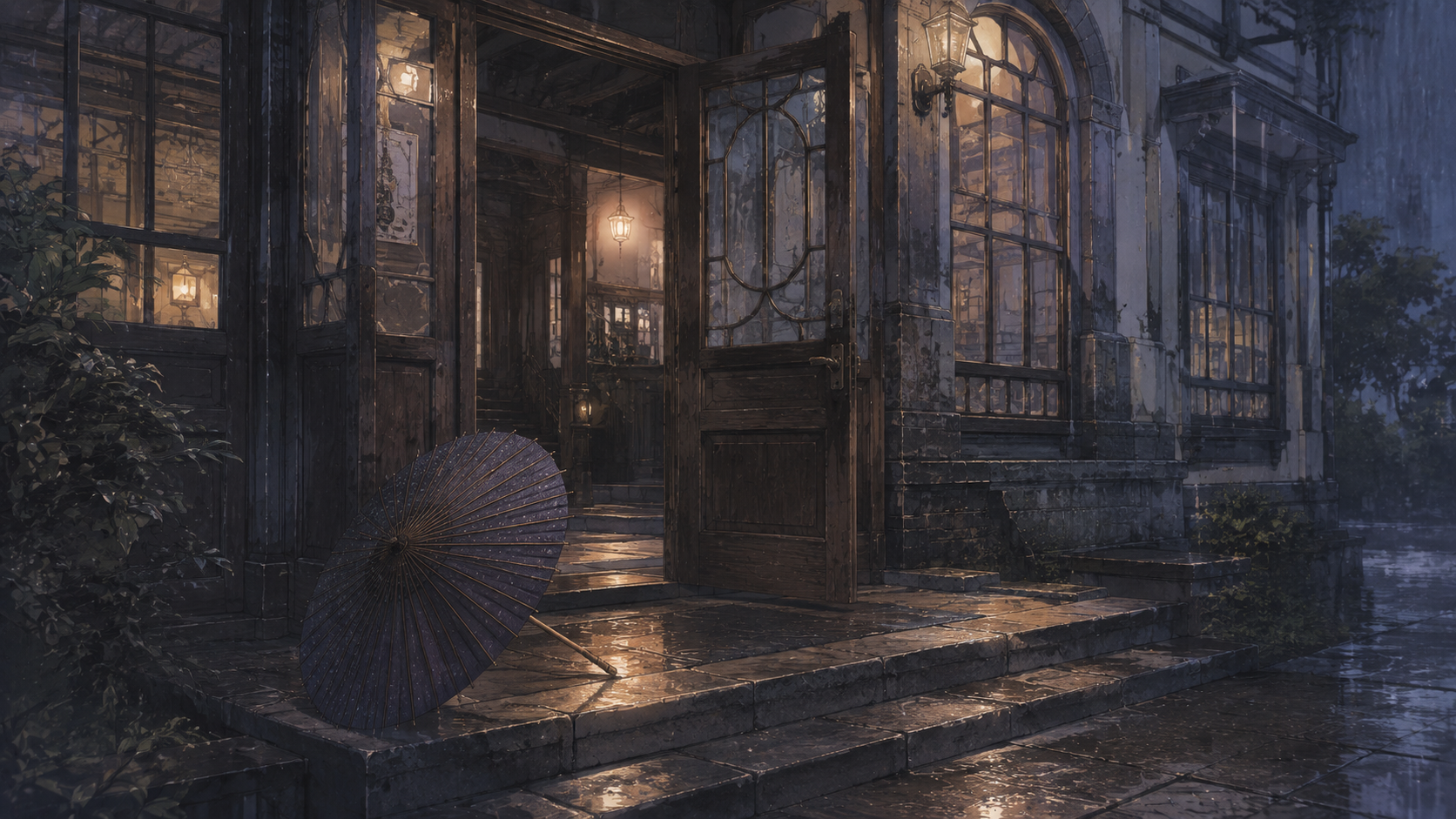 『理玄異聞録』の博物局入口に置かれた雨傘